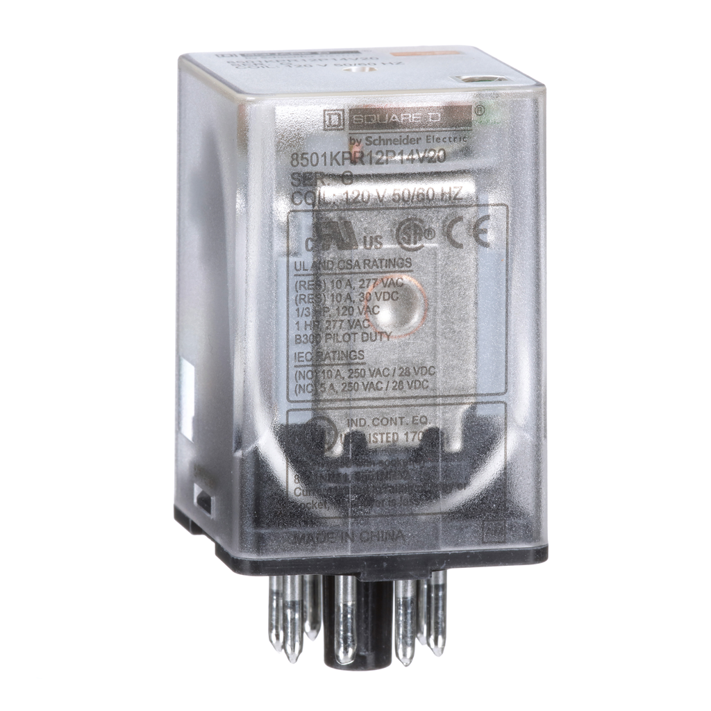 Square D 8501KPR12P14V20 Plug-In Relay 120 VAC 10 Amp DPDT with LED