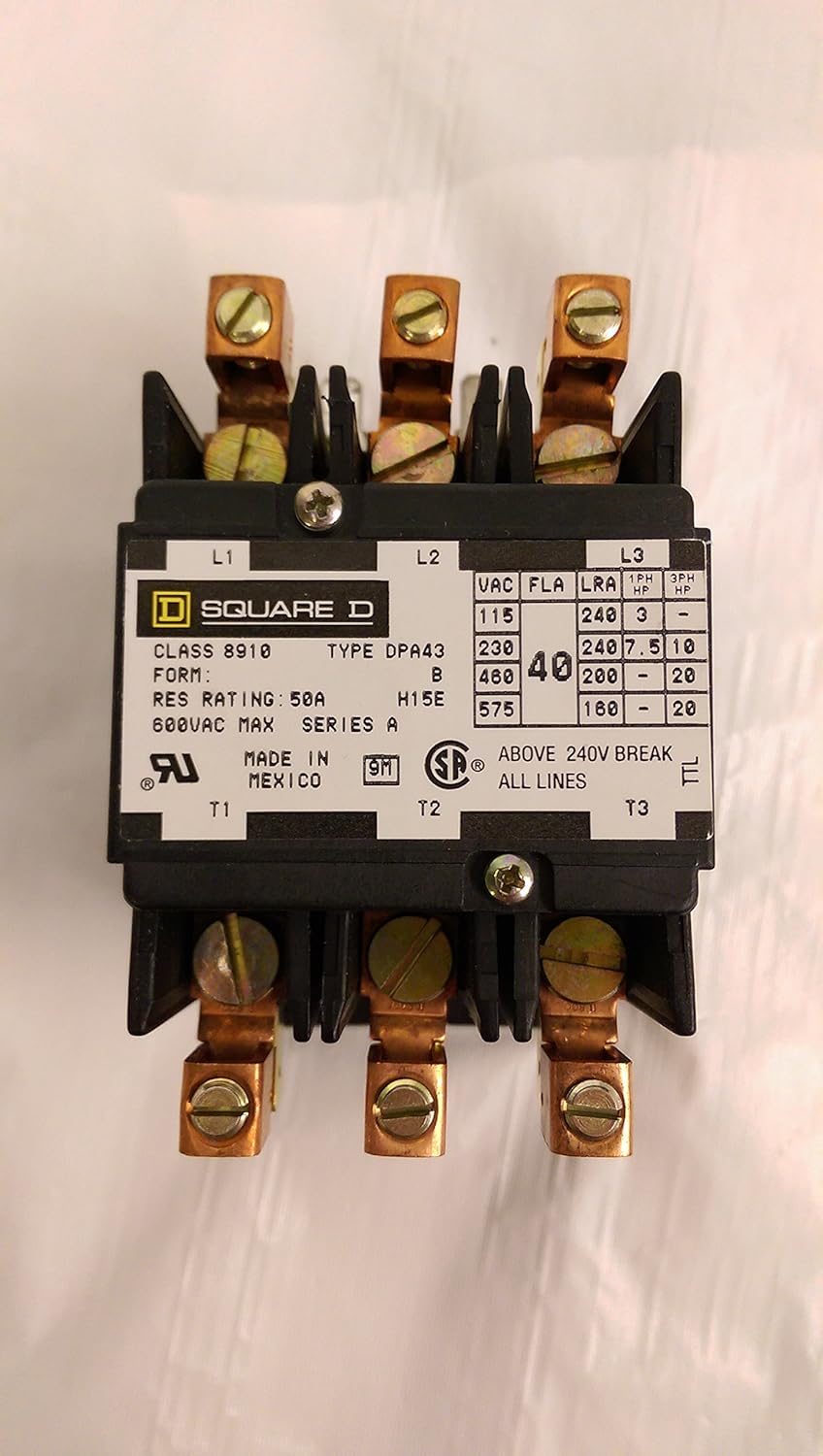 Schneider Electric 8910DPA43V09 Definite Purpose Contactor 208/240V 40A 3 Pole