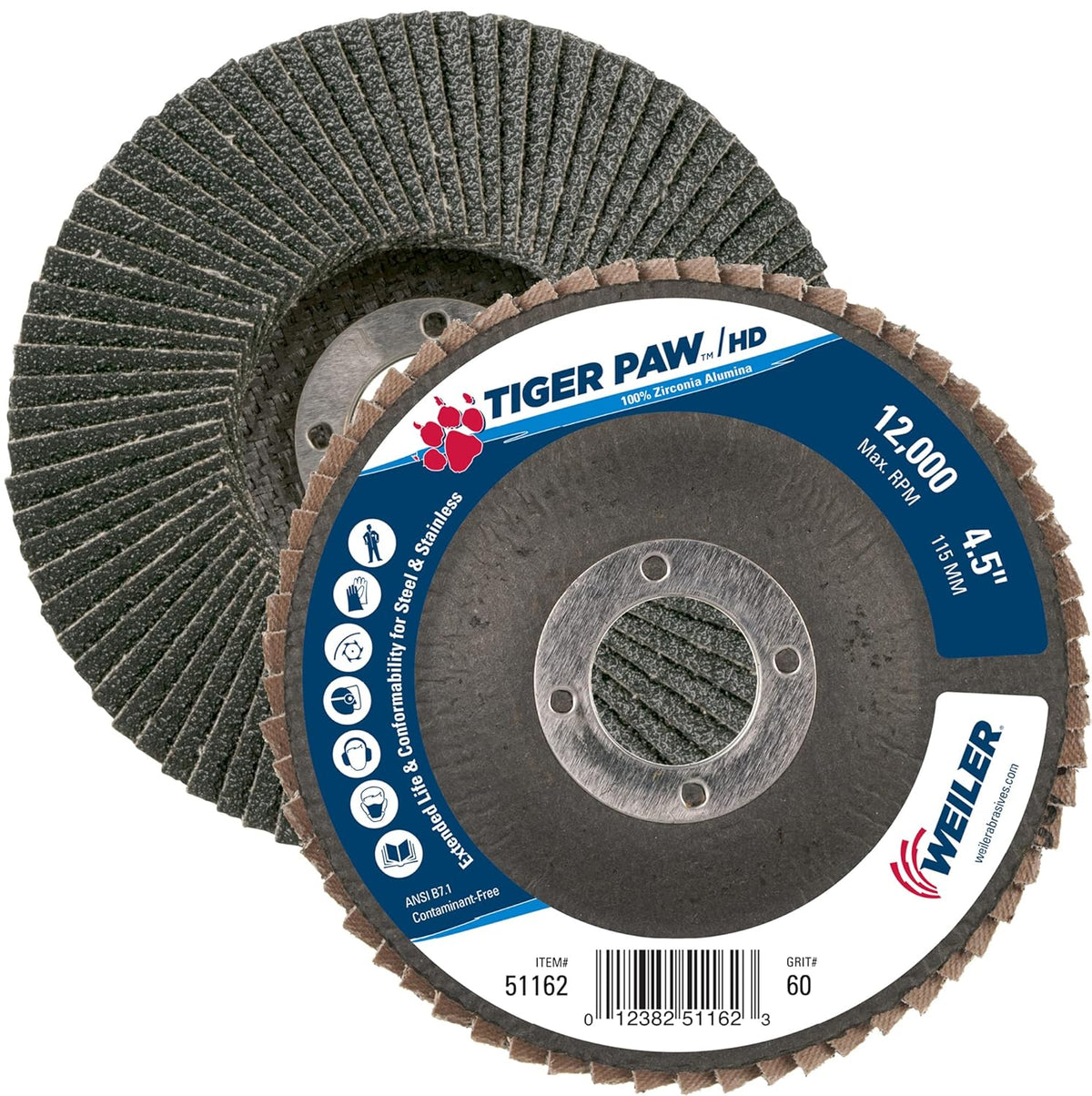 Weiler 51162 Tiger Paw XHD Super High Density Abrasive Flap Disc 60 Grit 4-1/2 Inch 12000 RPM