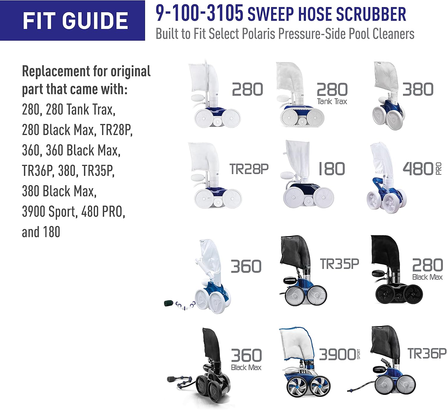 Polaris 9-100-3105 Sweep Hose Scrubber Replacement for 280, 360, 380, 3900 SPORT, TR28P