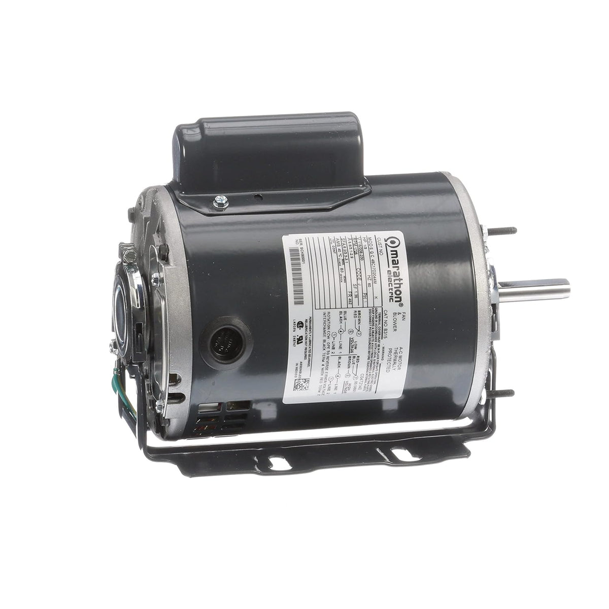 Marathon MB315 48YZ Frame Fan and Blower Motor Single Split Phase Resilient Ring Mount Open Drip Proof Ball Bearing 5.8/3.1-2.9 amp 1/3 hp 1725 RPM 115/208-230V