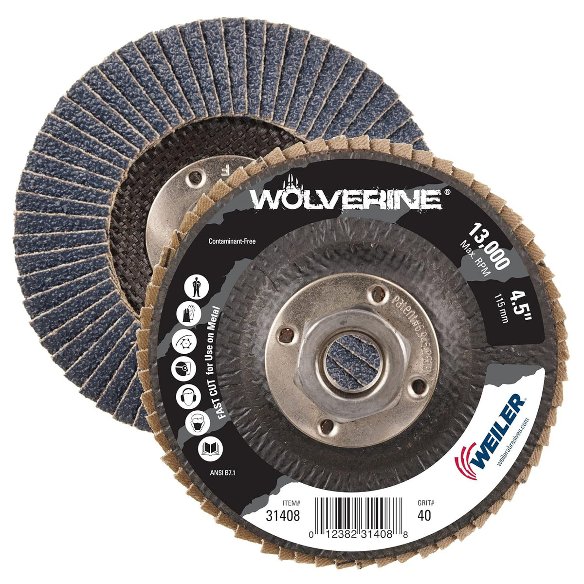 Weiler 31408 Wolverine 4-1/2 inches Abrasive Flap Disc 40 Grit Zirconia Alumina Flat Type 27 Phenolic Backing Standard Density