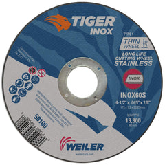 Weiler 58100 4-1/2 Inch Cutting Wheel, Tiger Inox Stainless Steel Contaminant-free High Performance Cutting, .045 INOX60S Type 1 7/8 Arbor, Pack of 25