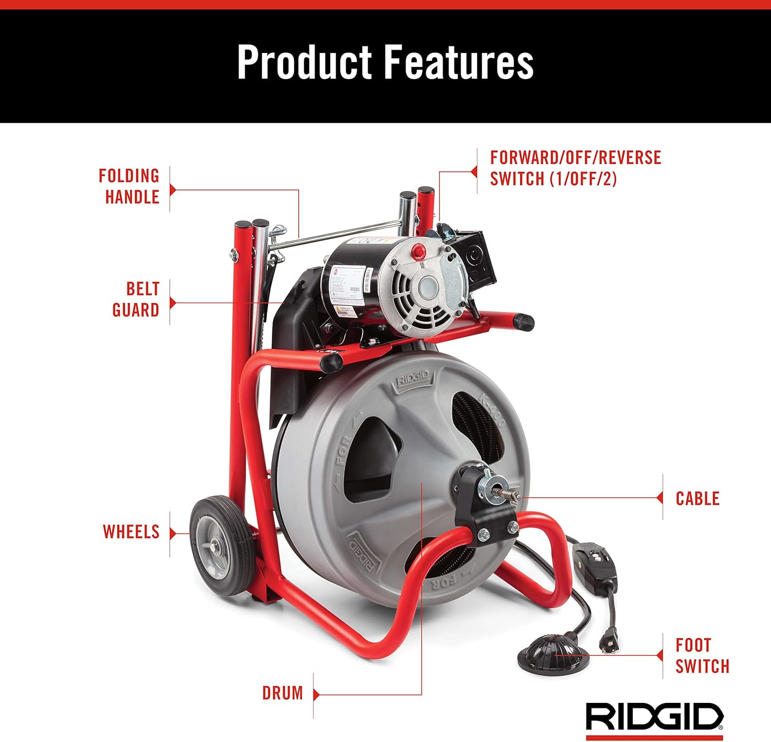 Ridgid 26998 Model K-400 Drain Cleaning 120-Volt Drum Machine Kit with C-45IW 1/2 x 75 Cable