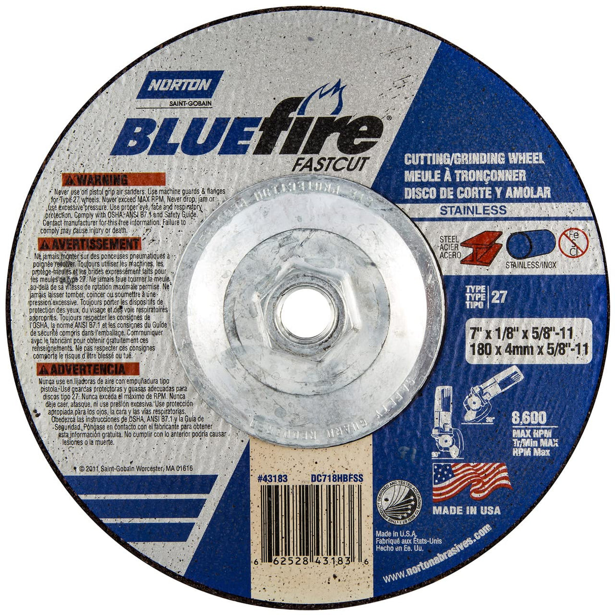 Norton 66252843183 7x1/8x5/8-11 in. BlueFire FastCut INOX/SS ZA/AO Grinding and Cutting Wheels, Type 27, 30 Grit, 10 Pack