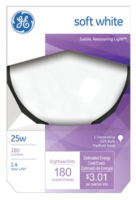 GE G E Lighting 12982 Globe Light Bulb 25W 3in White Medium Base