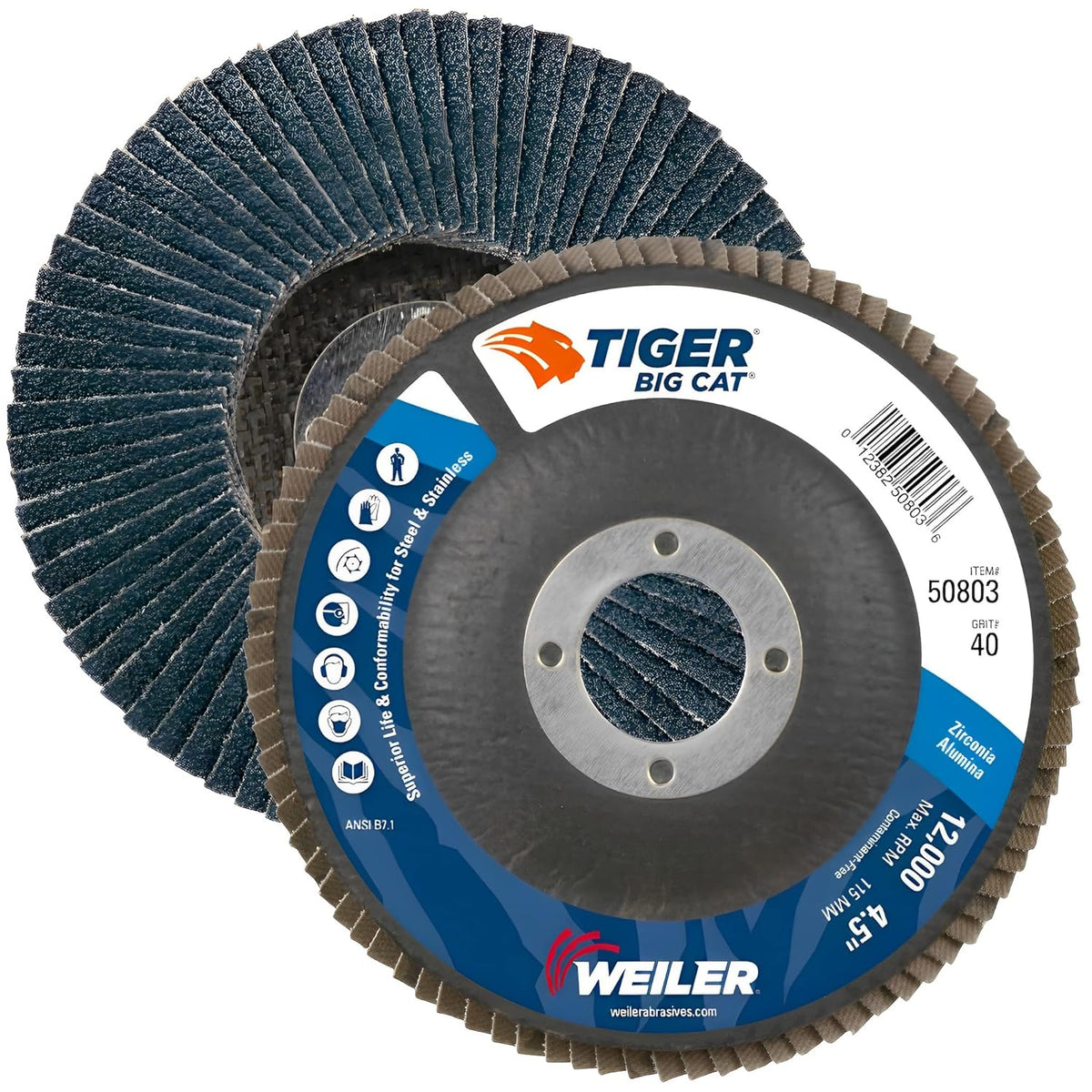 Weiler 50803 Big Cat High Density Flap Disc, 40 Grit, 4-1/2 Inches, 12000 RPM