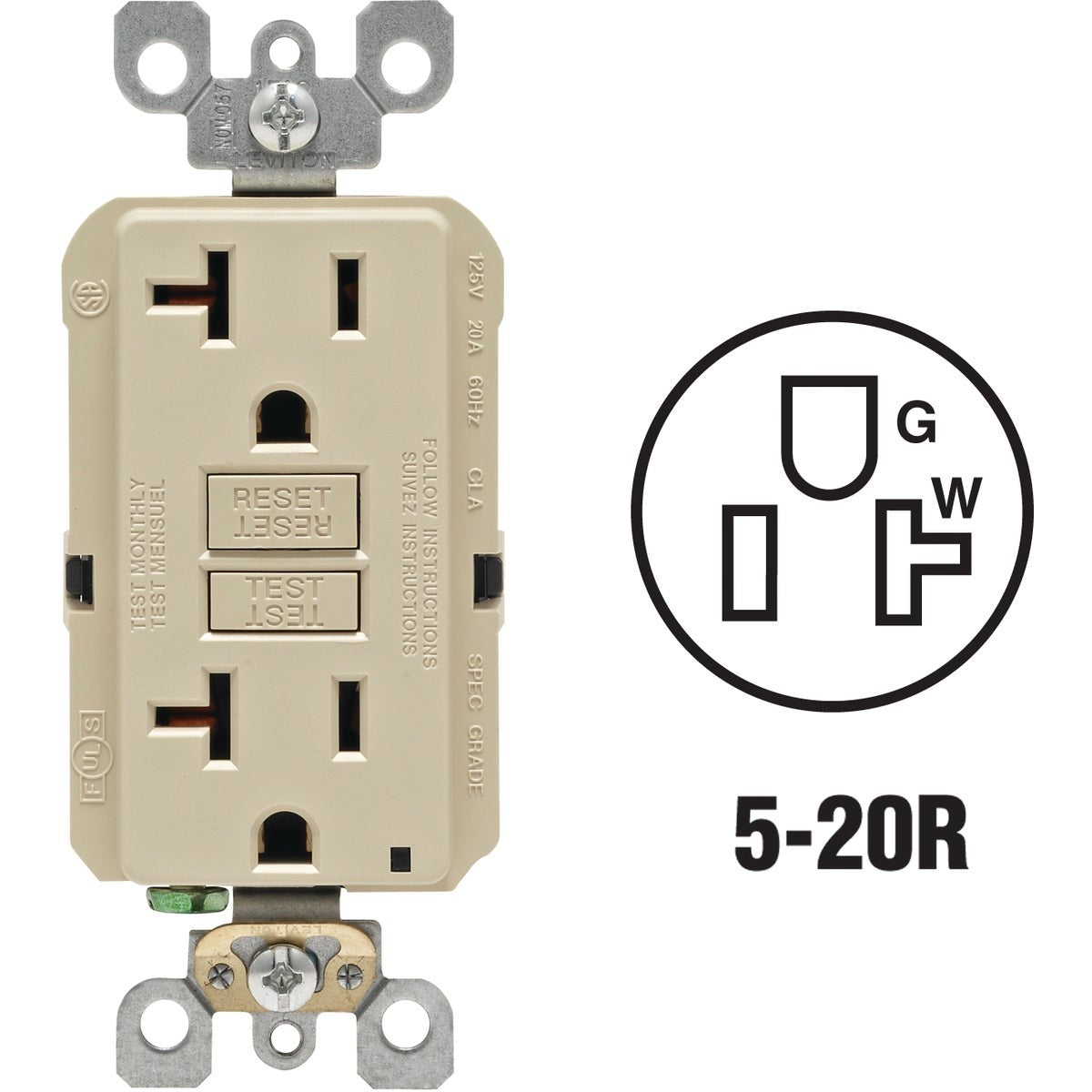 LEVITON Leviton R21-GFNT2-0KI 20A Slim Self-test Gfci Outlet Ivory