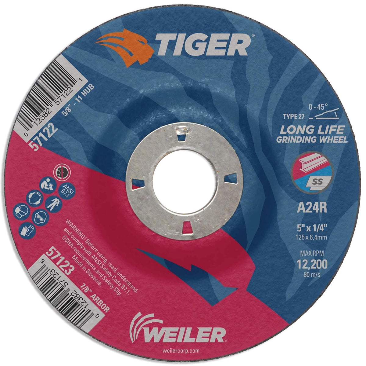 Weiler 57123 Tiger 5 Grinding Wheel Type 27 1/4 Thick A24R 7/8 A.H. Pack of 10