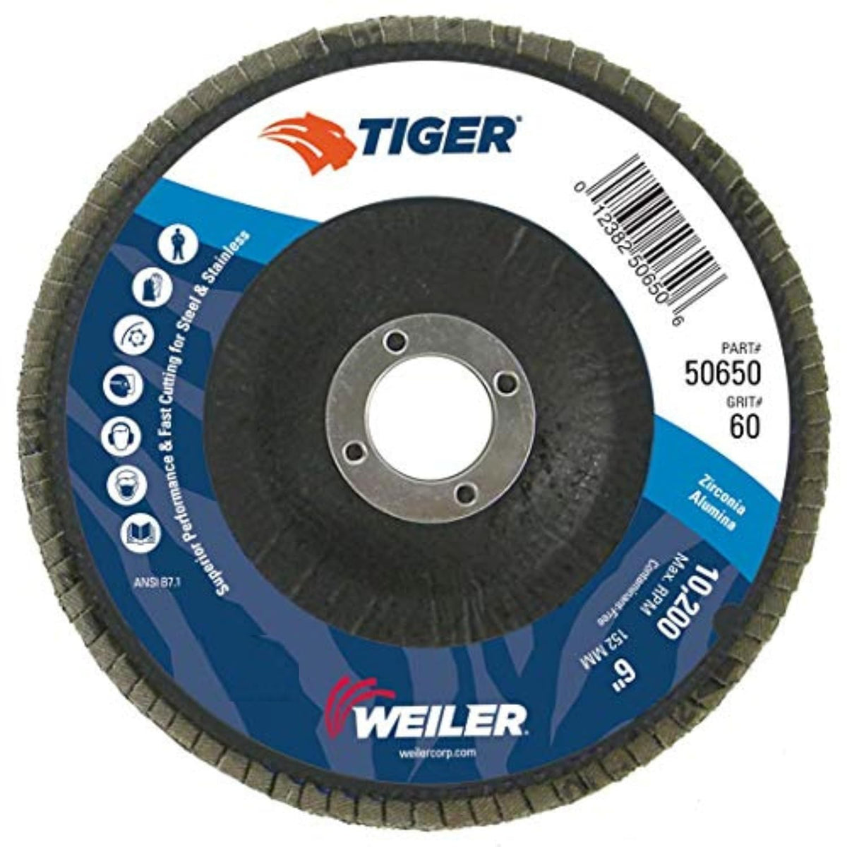 Weiler 50650 Tiger 7/8 Arbor 6 Diameter 60 Grit Zirconium Phenolic Backing Angled Abrasive Flap Disc