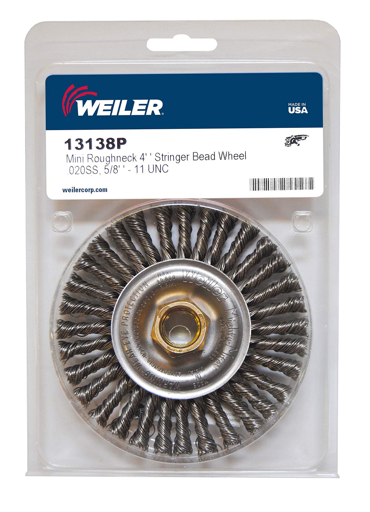 Weiler 13138P Mini Roughneck 4 Stringer Bead Wheel 020 Stainless Steel Fill 5/8-11 UNC Nut Retail Pack (Pack of 5)