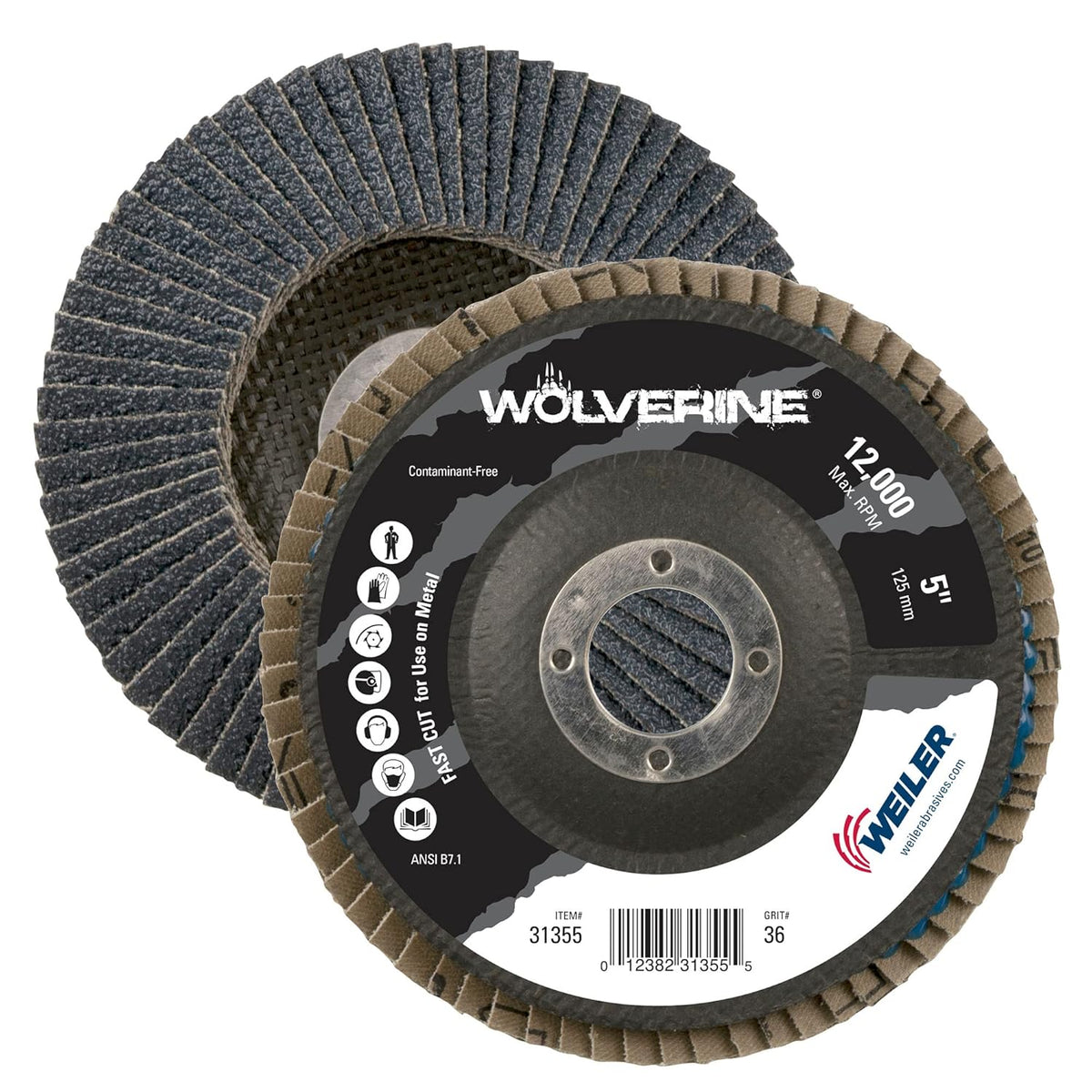 Weiler 31355 Wolverine 5 x 7/8 Arbor Hole Abrasive Flap Disc, 36 Grit Zirconia Alumina, Bevel Type 29, Phenolic Backing, Standard Density