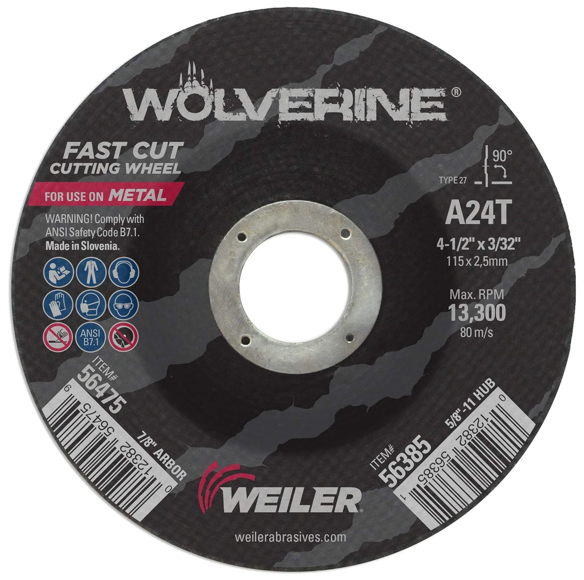 Weiler 56475 Wolverine 4-1/2 Inch Cutting Wheel 3/32 Thickness 7/8 Arbor A24T Grit