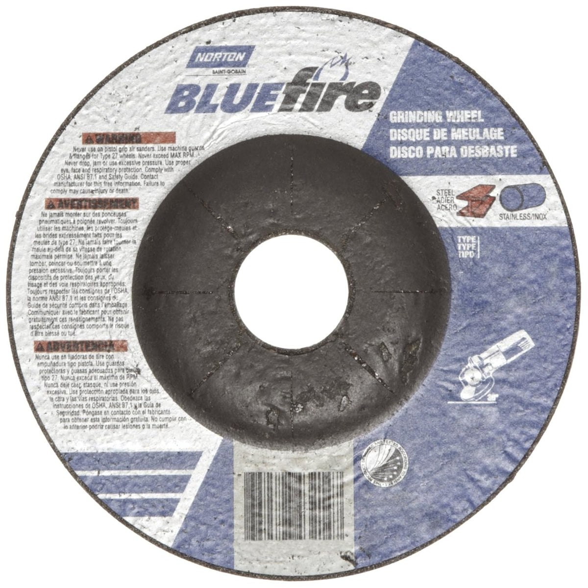 Norton 66252843214 Blue Fire Plus Depressed Center Abrasive Wheel Type 27 7/8 Arbor 4-1/2 Diameter x 1/4 Thickness Pack of 25