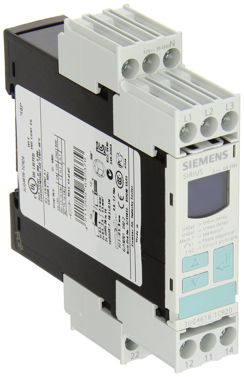 Siemens 3UG4615-1CR20 Voltage Monitoring Relay 160-690 VAC 0.1-20 Second 2CO 3-Pole