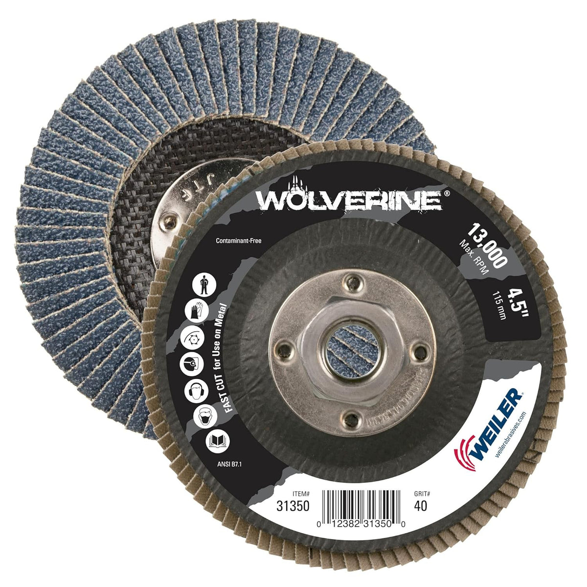 Weiler 31350 Wolverine 4-1/2 x 5/8-11 UNC Nut Abrasive Flap Disc, 40 Grit Zirconia Alumina, Bevel Type 29, Phenolic Backing, Standard Density