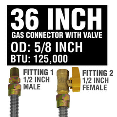 Cambridge C-GC-581212MF-36V 36 Inch Gas Line Connector 5/8 Inch OD 1/2 Inch Male-Female Fittings with Shut Off Valve