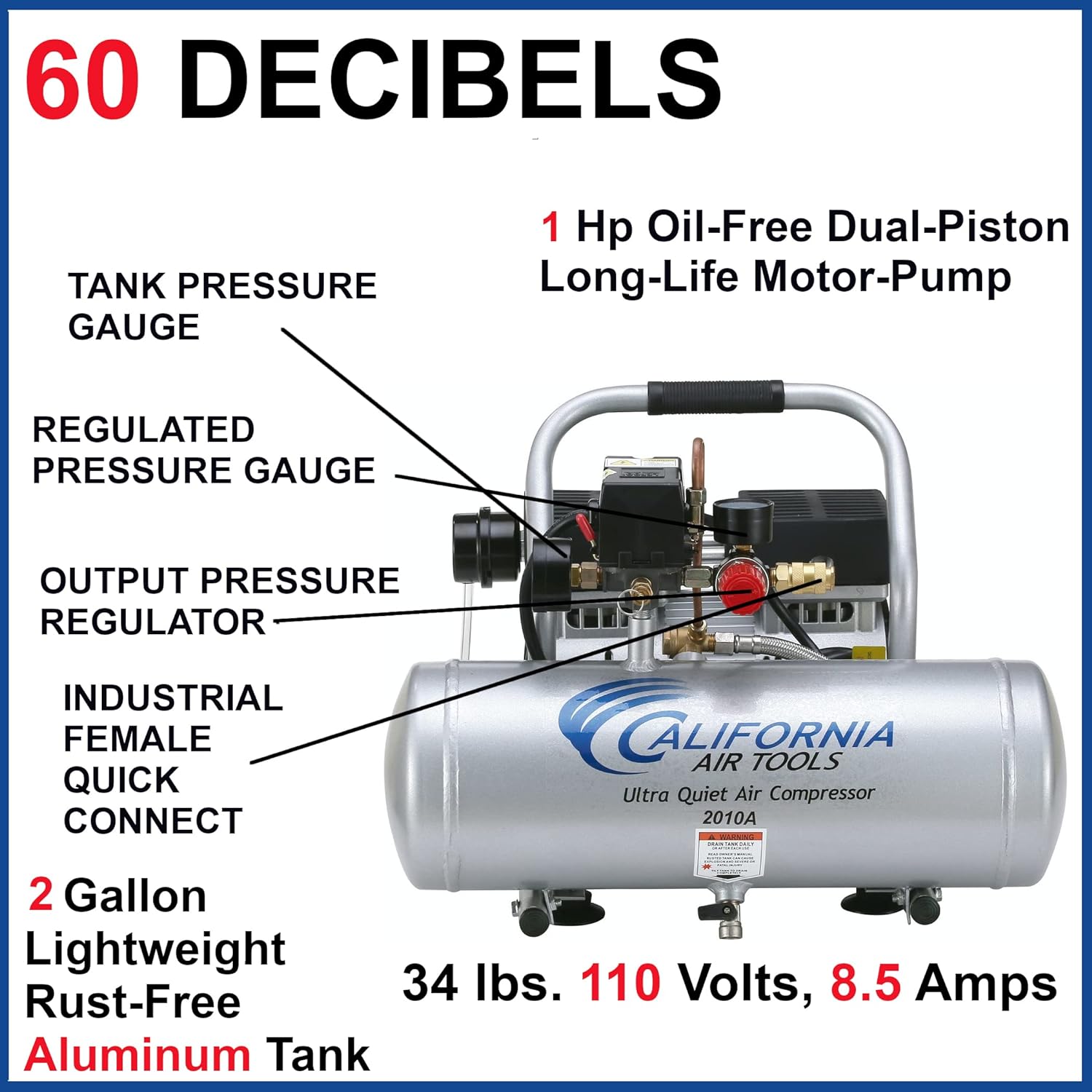 California Air Tools 2010A Ultra Quiet and Oil-Free 1.0 HP 2.0-Gallon Aluminum Tank Air Compressor