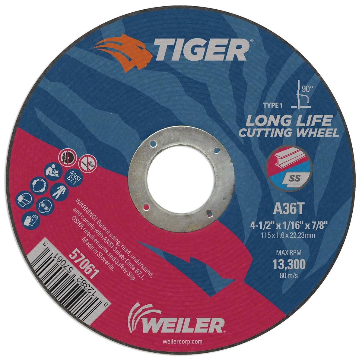 Weiler 57061 Tiger 4-1/2 Inch Cutting Wheel, 1/16 A36T 7/8 Arbor Type 1 Pack of 25