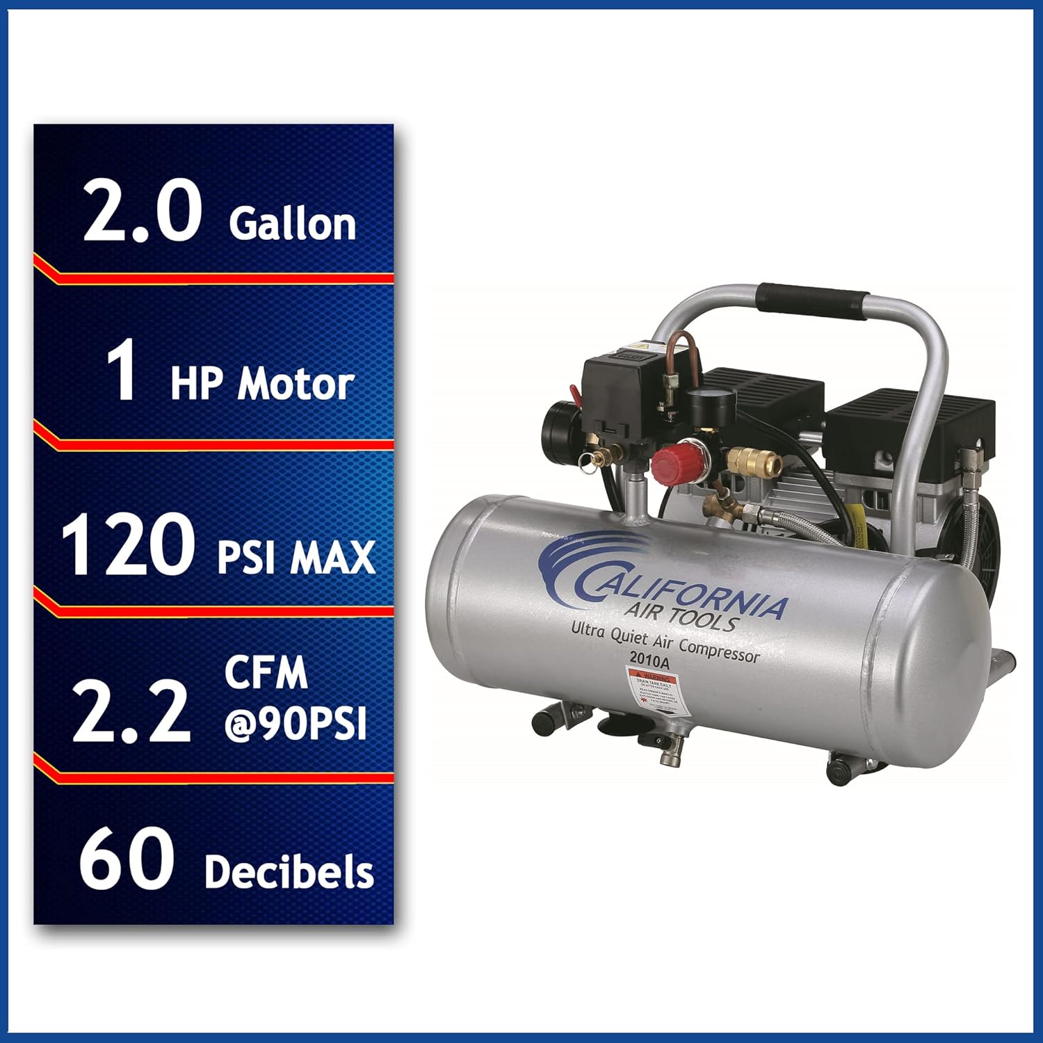 California Air Tools 2010A Ultra Quiet and Oil-Free 1.0 HP 2.0-Gallon Aluminum Tank Air Compressor