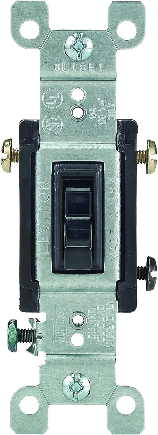 Leviton 1453-2E 15 Amp, 120 Volt, Toggle Framed 3-Way AC Quiet Switch, Residential Grade, Grounding, Quickwire Push-In & Side Wired, Black