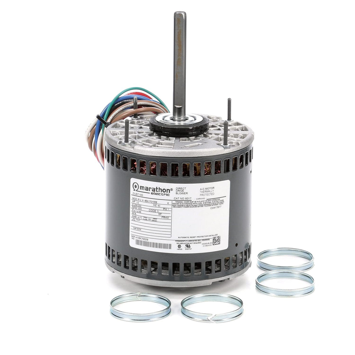 Marathon MX017 48Y Frame Open Air Over 48A17O155 Direct Drive Motor 1/2 hp, 1625 RPM, 208-230 VAC, 1 Phase, 3 Speeds, Ball Bearing, Permanent Split Capacitor, Thru-Bolt