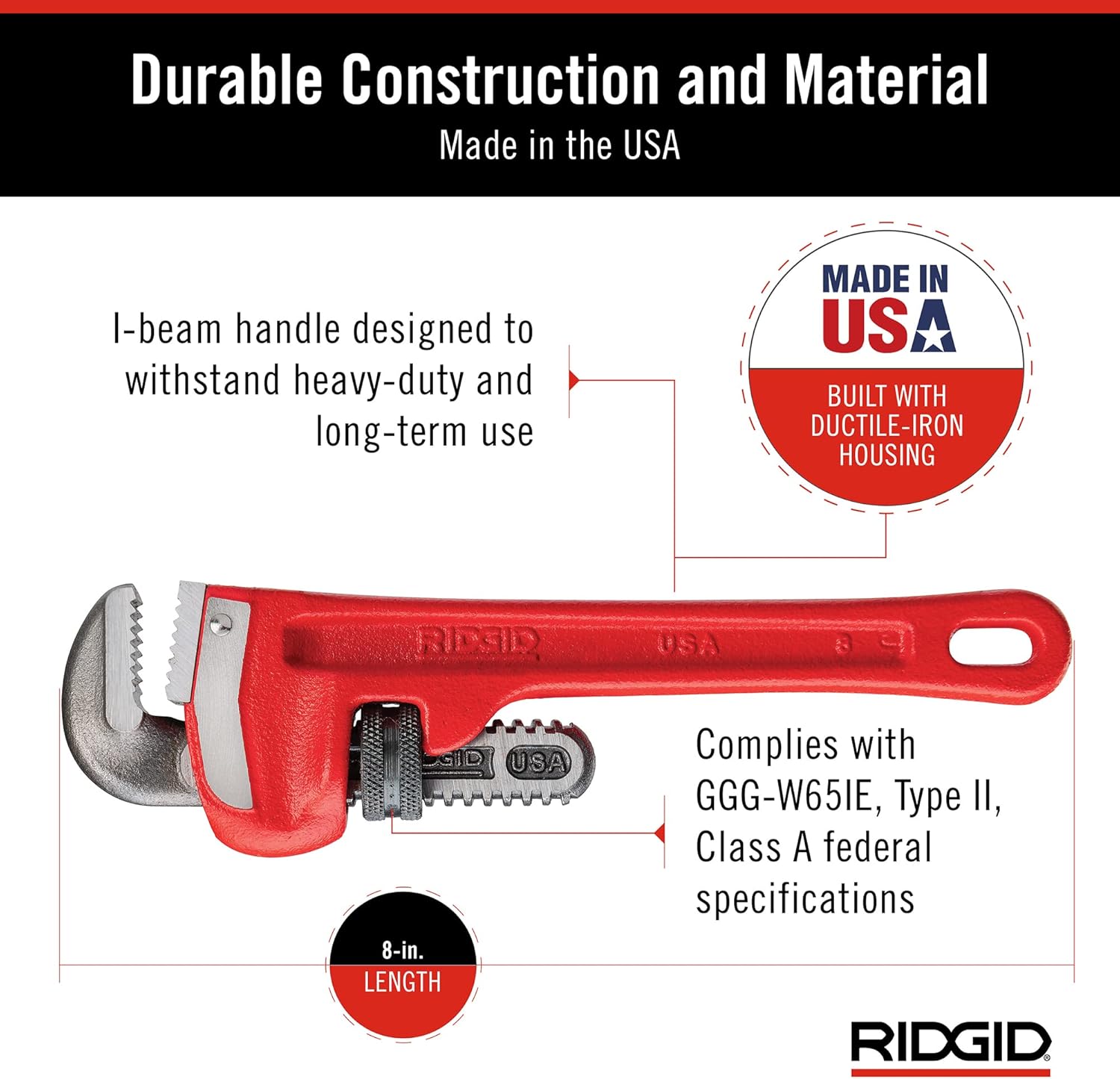 RIDGID 31005 Model 8 Heavy-Duty Straight Pipe Wrench, 8-inch Plumbing Wrench