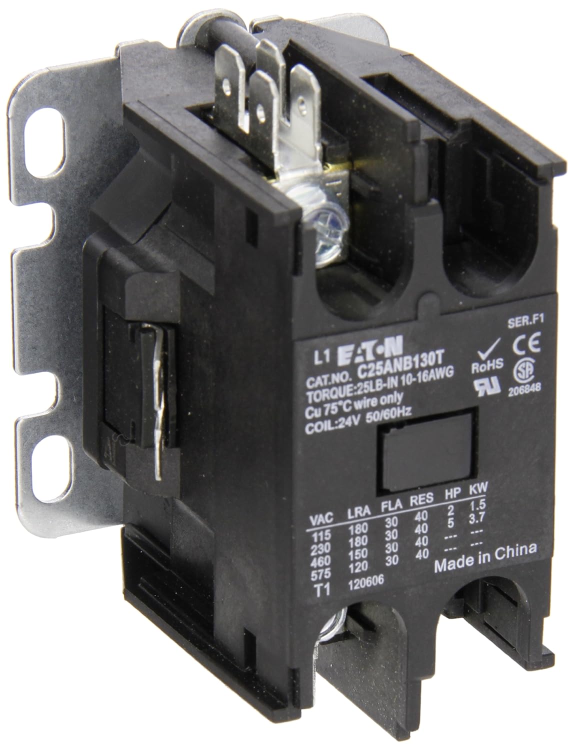 Eaton C25ANB130T Compact Definite Purpose Contactor 30A Inductive Current Rating 2 HP at 115V 5 HP at 230V