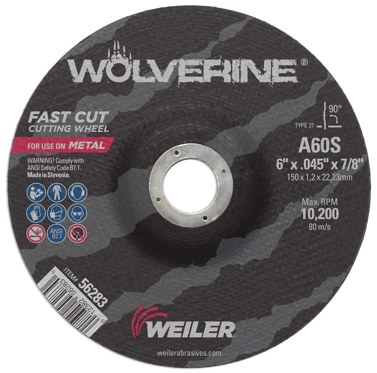 Weiler 56283 Wolverine 7/8 Arbor 0.045 Thickness 6 Diameter A60S Grit Type 27 Thin Cutting Wheel