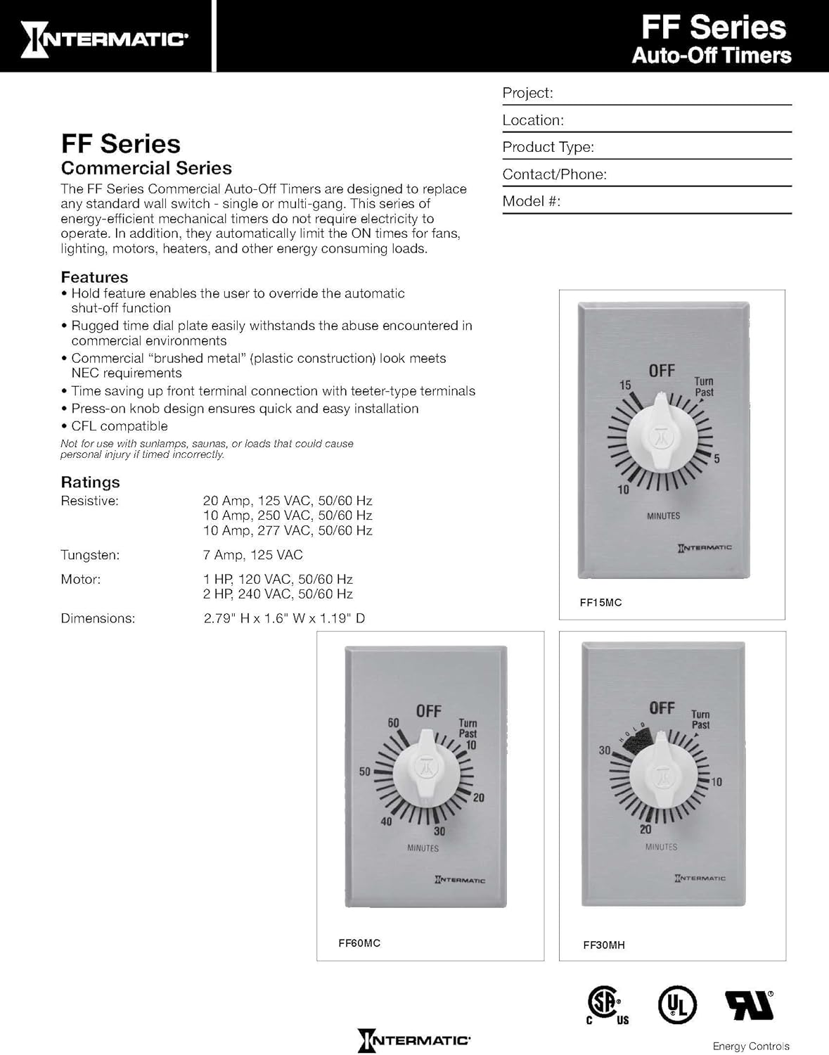 Intermatic FF2H 2-Hour Spring Loaded Wall Timer 125 Volts