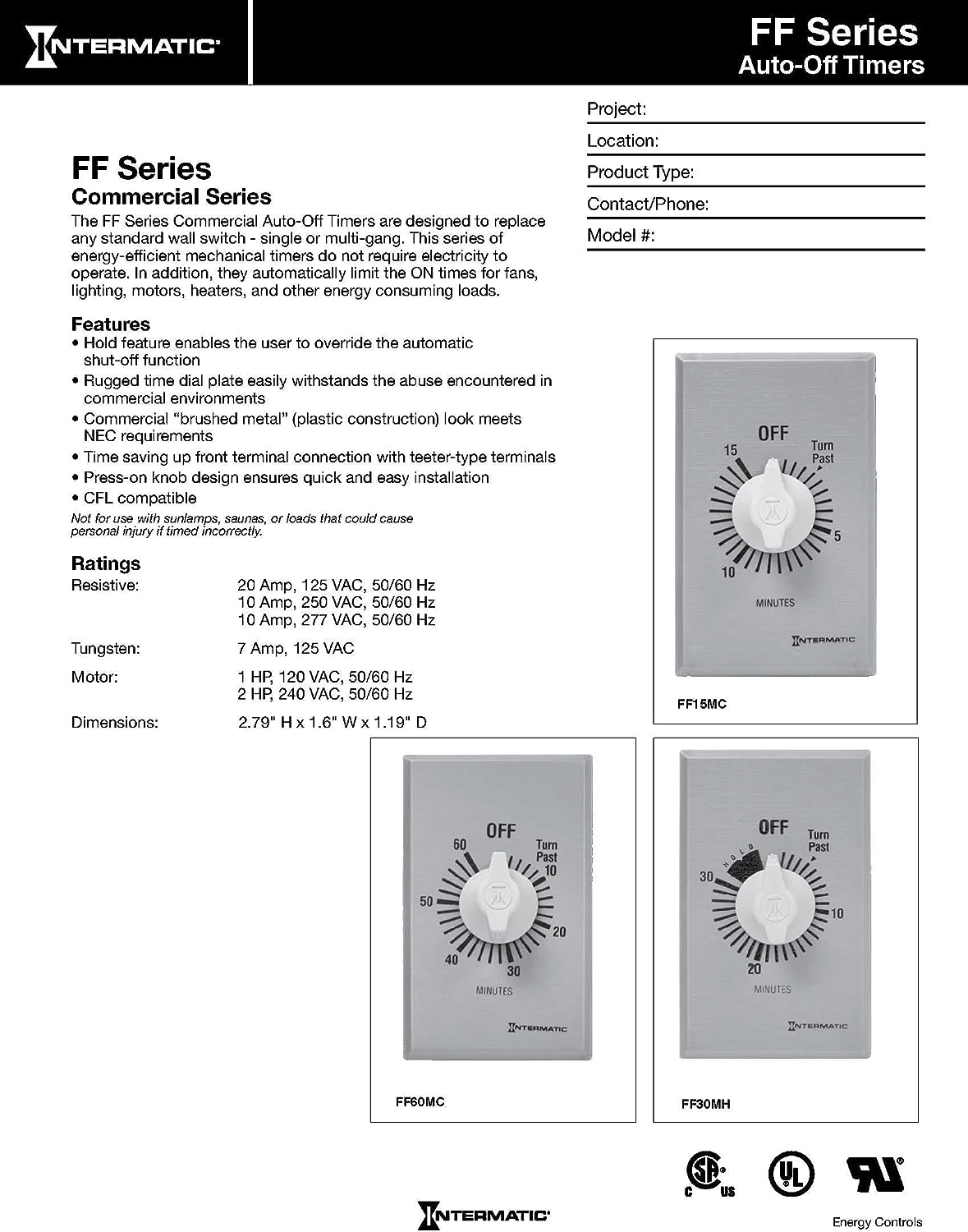 Intermatic FF315M 15 Minute SPDT Countdown Timer 125 to 277 VAC 60 Hz Single-Pole Double-Throw