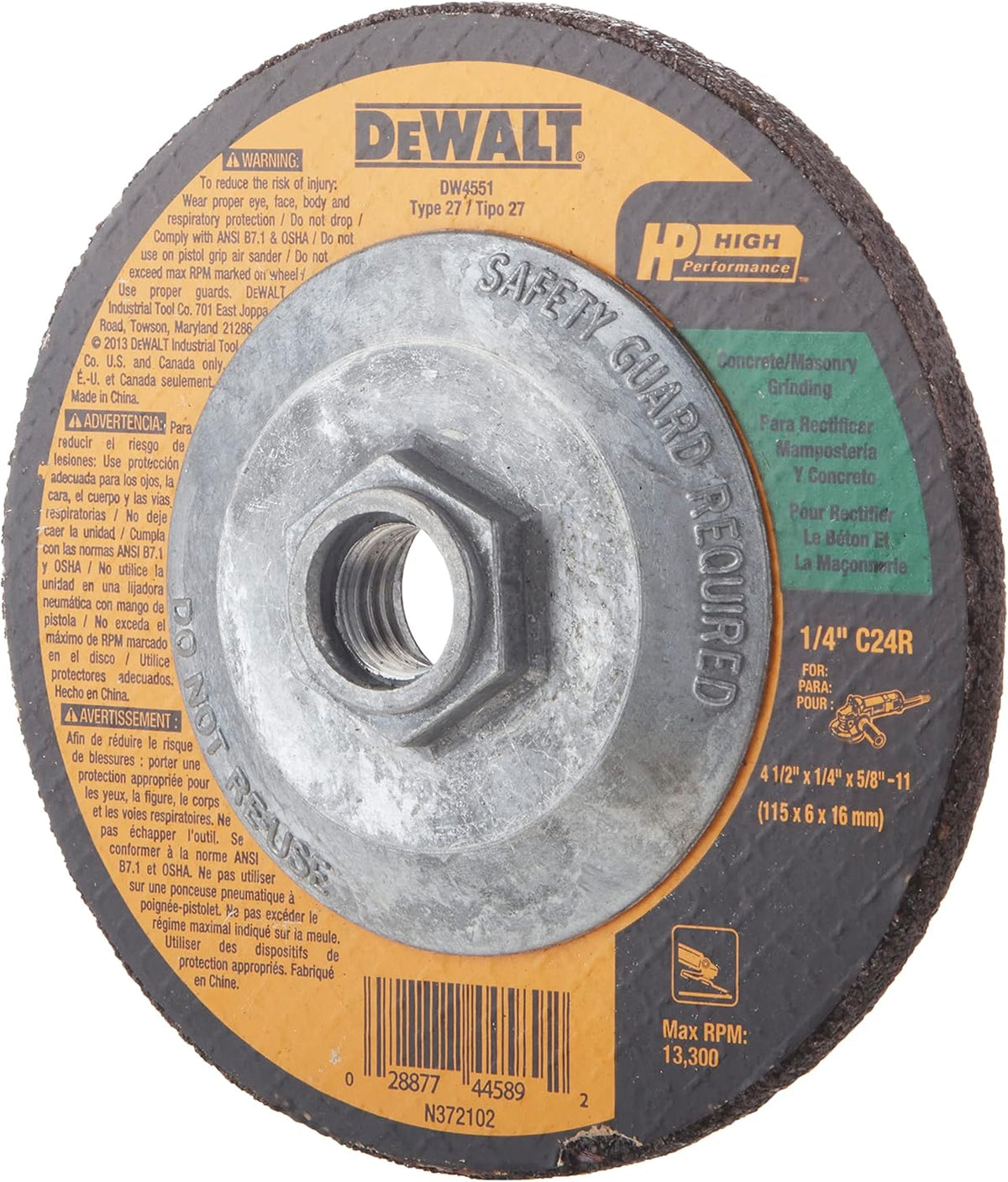 DEWALT DW4551 Masonry Grinding Wheel 5/8-11-Inch Arbor 4-1/2-Inch by 1/4-Inch