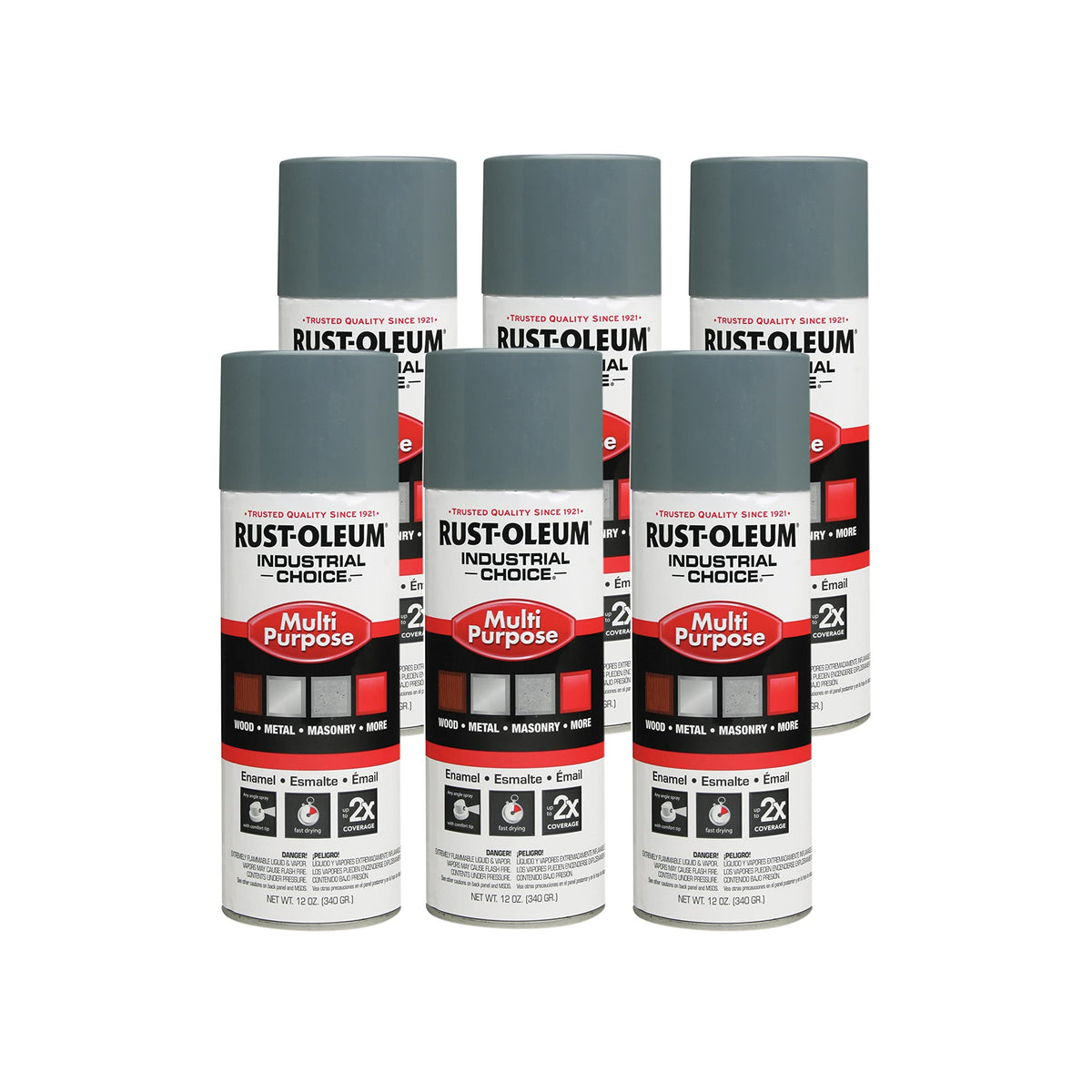 Rust-Oleum 214646 Industrial Choice 1600 System Multi-Purpose Spray Paint 12 ounces 6 Pack ANSI 49 Medium Light Gray