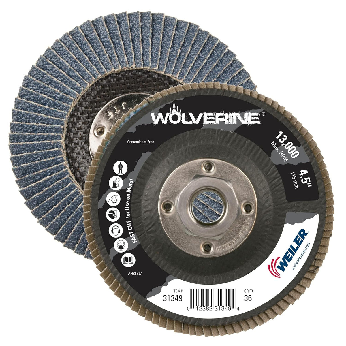 Weiler 31349 Wolverine Abrasive Flap Disc 36 Grit Zirconia Alumina 4-1/2 x 5/8-11 UNC Nut