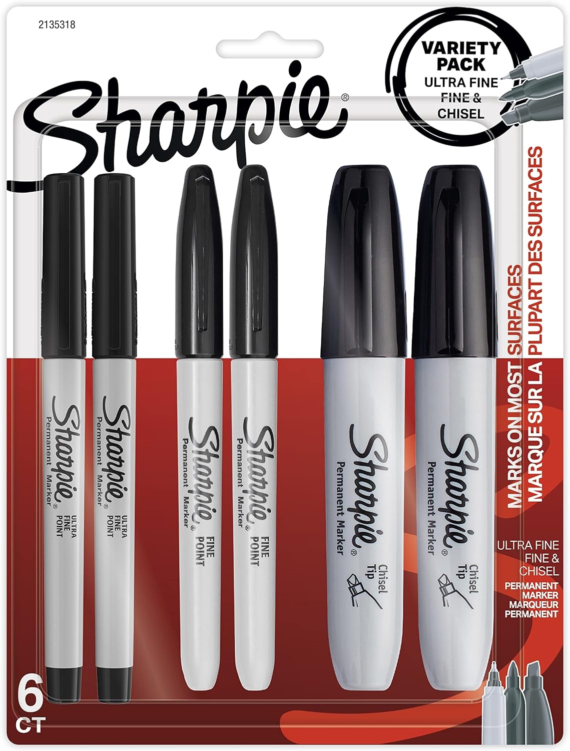 Sharpie 2135318 Permanent Markers Variety Pack Chisel Ultra-Fine Fine Tips Black 6 Count