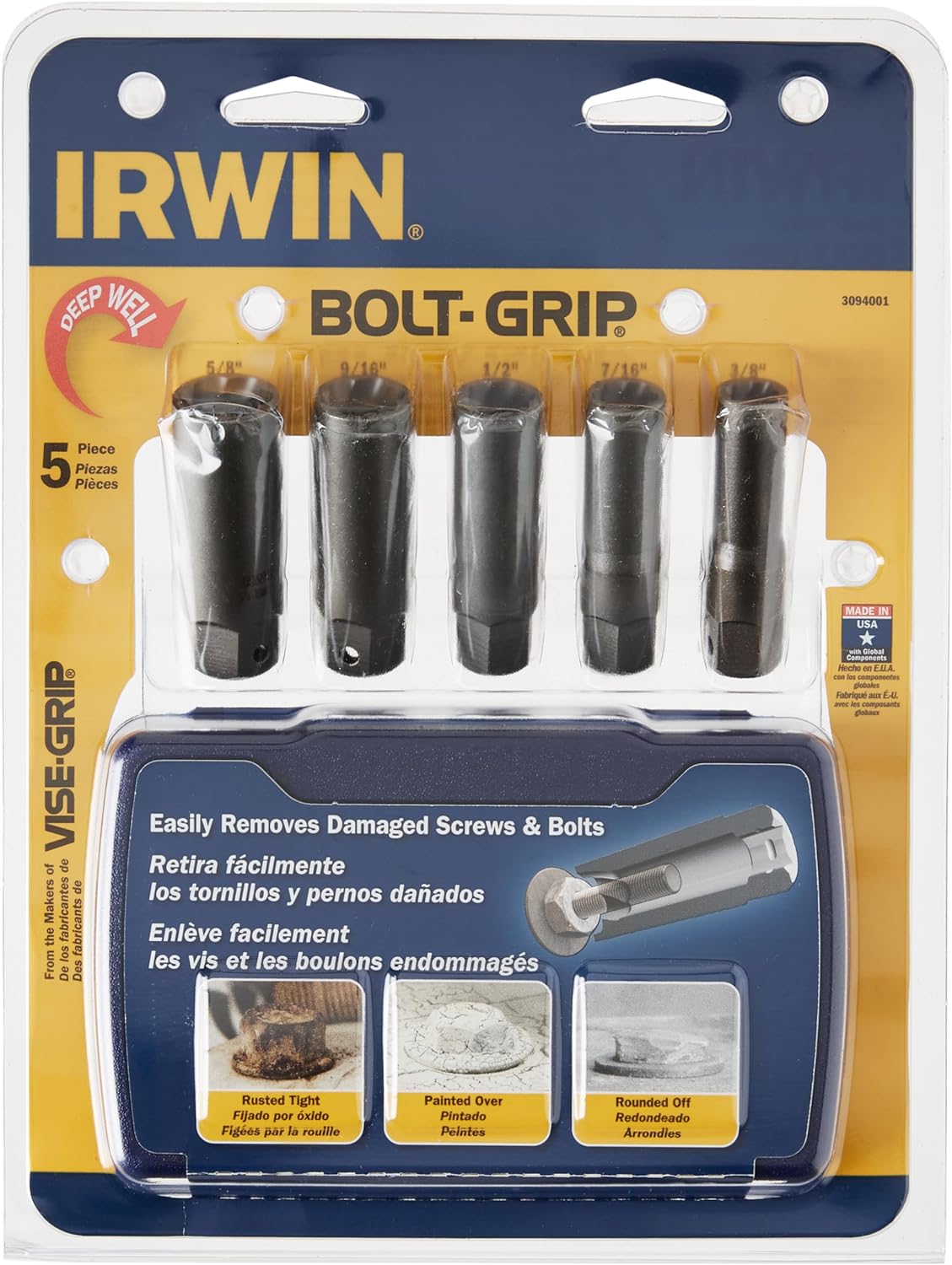 IRWIN 3094001 Bolt Extractor Set for Deep Well Bolts 5-Piece