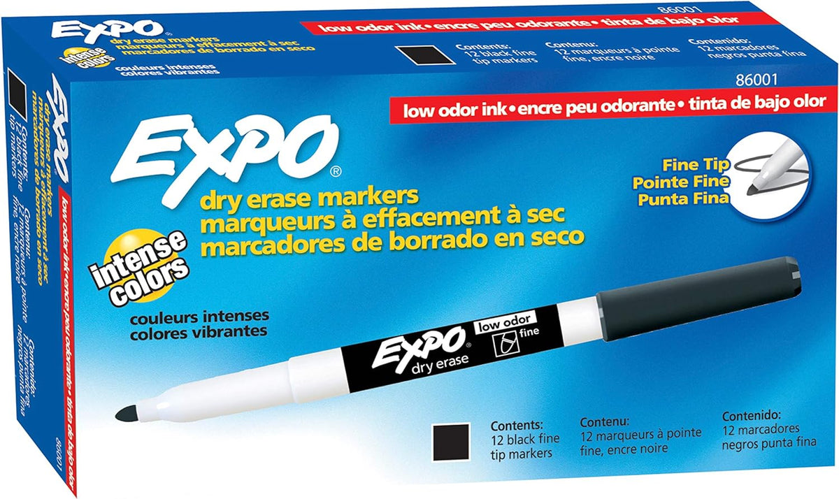 Expo 86001 Low Odor Dry Erase Marker Fine Tip Black 12 Count