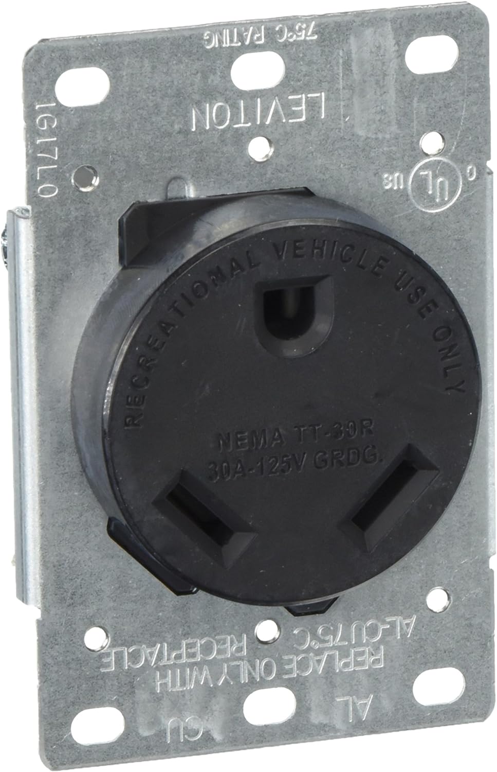 Leviton 7313-S00 30 Amp, 125 Volt, NEMA TT-30R, 2P, 3W, Flush MTG Receptacle, Straight Blade