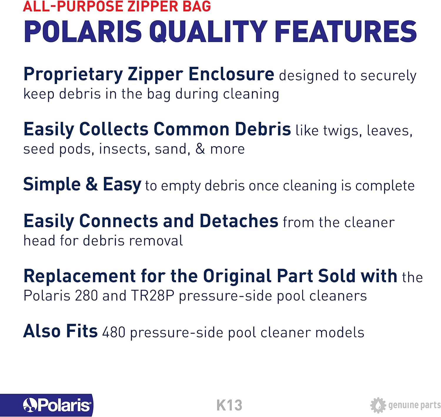 Polaris K13 All-Purpose Zipper Replacement Debris Bag For Pressure Pool Cleaner Vac-Sweep 280