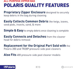 Polaris K13 All-Purpose Zipper Replacement Debris Bag For Pressure Pool Cleaner Vac-Sweep 280