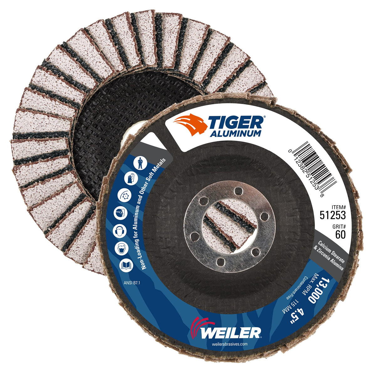 Weiler 51253 4-1/2 Tiger Aluminum Flap Disc, Flat, 60 Grit