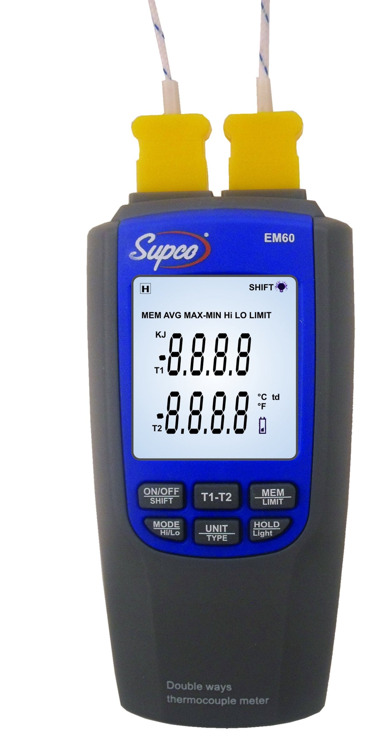 Supco EM60 Dual-Channel Differential Digital Thermocouple Thermometer -200 to 1300 Degrees C -328 to 2372 Degrees F