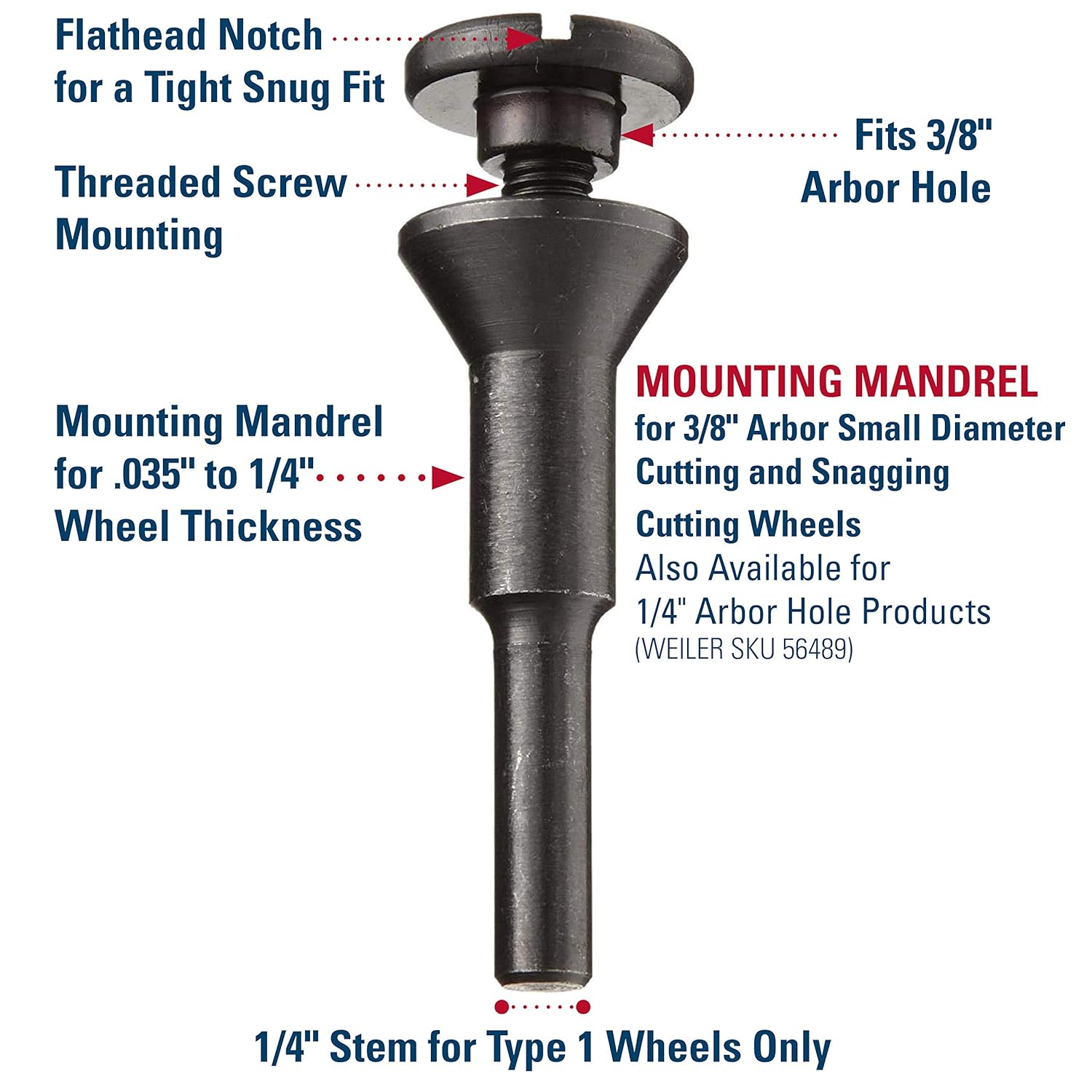 Weiler 56490 Mounting Mandrel For Cut-Off Wheels 3/8 in Arbor Hole 1/4 in Stem