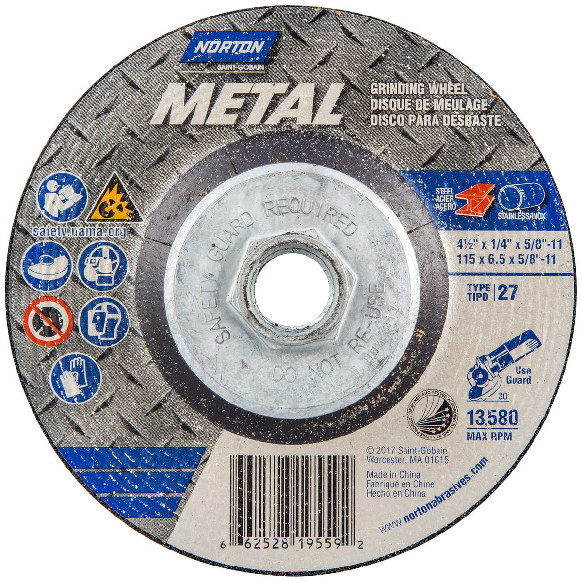 Norton 66252819559 4-1/2x1/4x5/8-11 in. Metal AO Grinding Wheels, Type 27, 24 Grit, 20 Pack