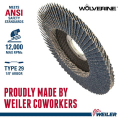 Weiler 31355 Wolverine 5 x 7/8 Arbor Hole Abrasive Flap Disc, 36 Grit Zirconia Alumina, Bevel Type 29, Phenolic Backing, Standard Density