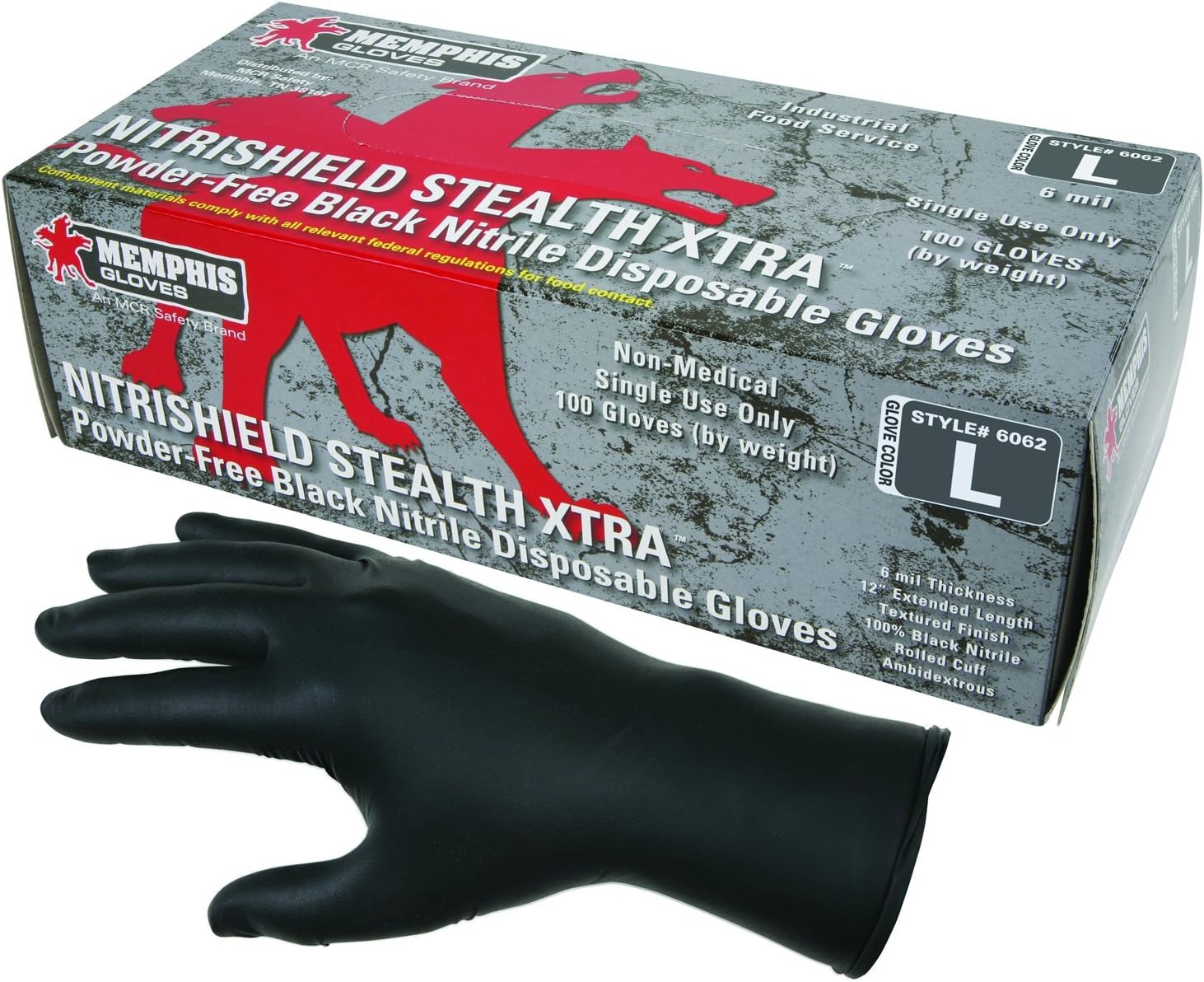 MCR Safety 6062XL Gloves 6 mil Powder Free Disposable Nitrile Textured Grip X-Large Black