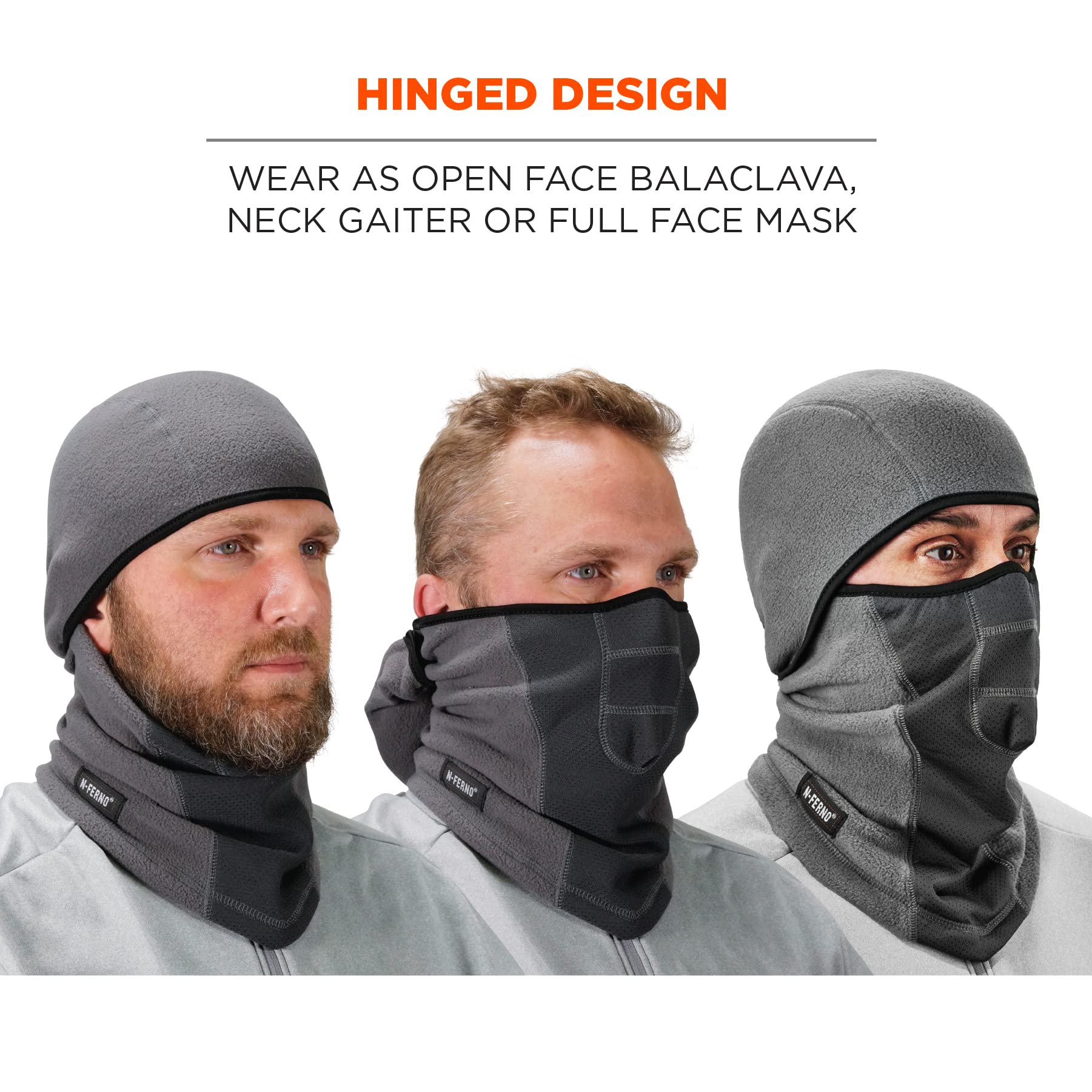 Ergodyne 16835 N-Ferno 6823 Balaclava Ski Mask Wind-Resistant Face Mask Hinged Design Each Gray