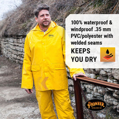 Pioneer V3010460U-S Repel Rain Gear Safety Jacket & Bib Pants - Waterproof & Windproof PVC Work Suit for Men - 3 PC with Detachable Hood