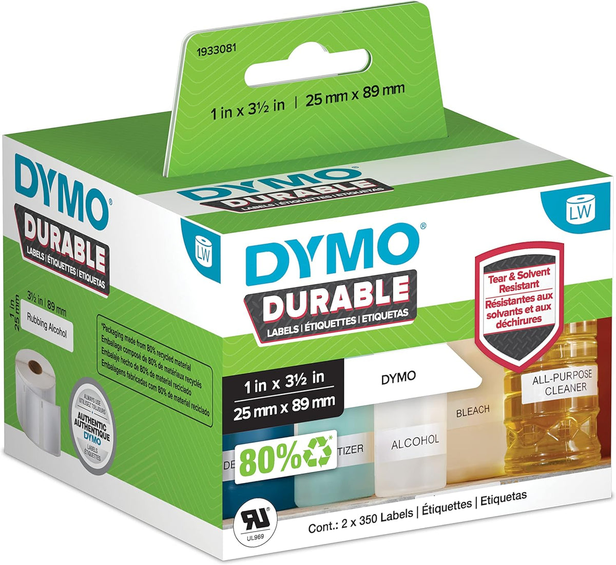 DYMO 1933081 LW Durable Industrial Labels for LabelWriter Printers White Poly 1 inch x 3-1/2 inch 2 Rolls of 350