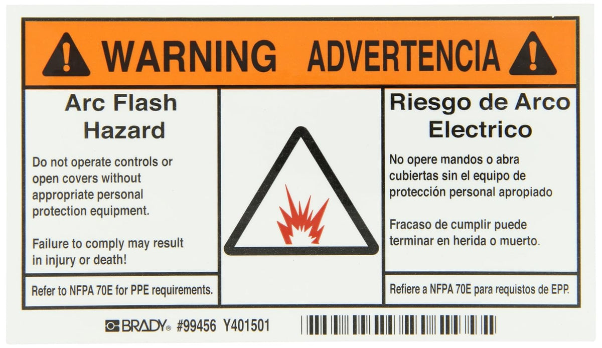 Brady 99456 3.5 x 6 B-302 High Performance Polyester Black and Orange on White Arc Flash Label